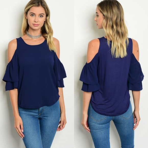 Rosette Tops - Cold shoulder navy ruffle top